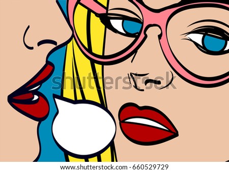 nice vector pop art retro comic  illustration. Woman whispering gossip or secret to her friend. Speech bubble. Eps 10