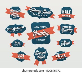 Nice vector retro shopping signs collection. Blue frames with red ribbons and white text. Nice for online shop design. Money back, half price, best offer, premium quality, satisfaction guarantee.