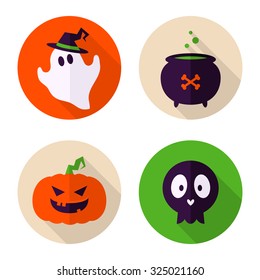 Nice vector set of 4 bright flat style badges with Halloween symbols - ghost, smiling pumpkin, cauldron with potion and skull