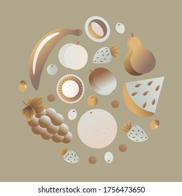Bonito conjunto vectorial de frutas y bayas de verano. Frutas vectoriales metálicas y doradas con gradiente para el diseño de afiches, tarjetas y pegatinas.