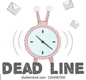 Nice vector sketch. Deadline alarm. Going alarm and emails or letters on the background. Vector illustration can be used as an element of web design, postcard or just a cute drawing for busy people.