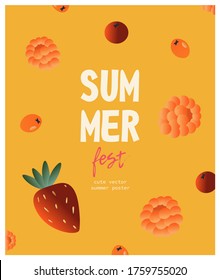 Schönes Vektorsommer-Poster mit frischen Beeren. Poster für das Sommerfestival. Cute Vektorflachvorlage im Cartoon-Stil mit Beeren: Beeren, Meerbuckthorn, Cranberries und Erdbeeren. 