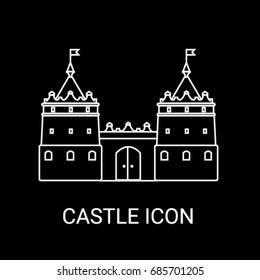 Nice vector white castle outline icon on black background