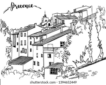 Nice veiw of romantice Provence. Hand drawn line sketch. France. Urban background. Ink line drawing. Vector illustration on white.	