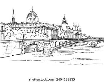Nice view of ancient bridge in Paris. France. Hand drawn urban sketch. Black and white urban illustration. White background.