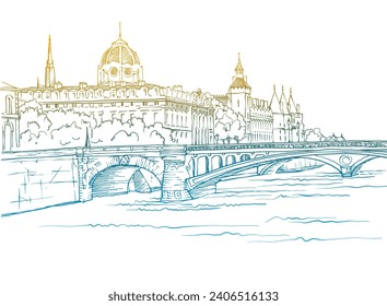 Nice view of ancient bridge in Paris. France. Hand drawn urban sketch. Colourful  urban illustration. White background.