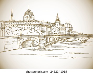 Nice view of ancient bridge in Paris. France. Hand drawn urban sketch. Sepia urban illustration. Vintage postcard style.