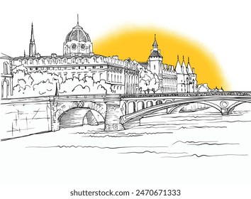Nice view of ancient bridge in Paris. France. Hand drawn urban sketch. Black and white urban illustration. Sunshine background.	