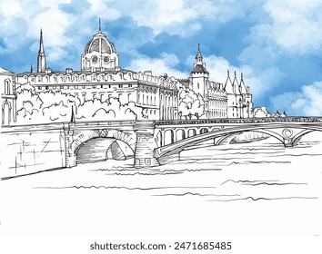 Nice view of ancient bridge in Paris. France. Hand drawn urban sketch. Black and white urban illustration. Blue sky background