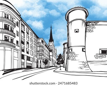 Schöne Aussicht auf die antike Straße in Paris. Frankreich. Handgezeichnete städtische Skizze. Schwarz-Weiß-Stadtbild. Blauer Himmel Hintergrund