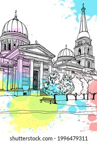 Nice view of the center of old Odessa, Ukraine. Urban  landscape. Hand drawn line art. Spaso-Preobrazhensky Cathedral destroyed by Russia in July 23 Vector illustration on colourful blobs background. 