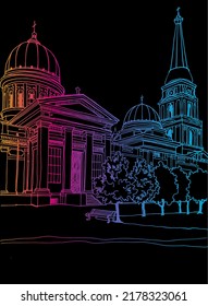 Nice view of the center of old Odessa, Ukraine. Urban  landscape with the old church. Hand drawn line art. Colourful vector illustration on black background.