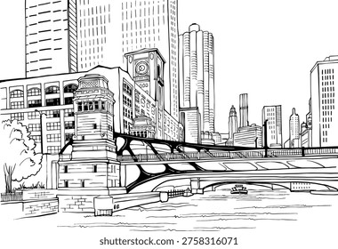 Nice view of Chicago. USA. Chicago river. Bridge. Urban sketch. Hand drawn urban landscape. Line Art. Ink Drawing. Vector illustration. Postcard style.