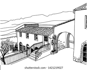 Nice view of the cottage in romantic Provence, France. Urban background in hand drawn sketch style. Ink line drawing. Vector illustration on white