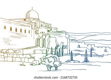 Nice view of the domes and walls of the ancient city. Old Jerusalem. Israel. Hand drawn sketch. Urban sketch. Line art. Ink drawing. Colorful vector illustration. Postcards style. Without people.