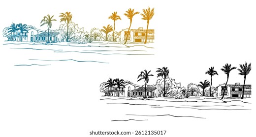 Nice view of Florida landscape.USA. Ocean beach and palm trees. Hand drawn sketches. Line art. Vector illustration.