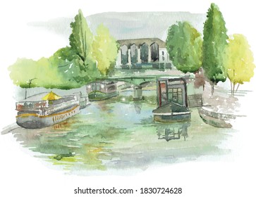 Nice view from the island of Versailles on the river Erdre. Traced watercolor sketch on white background.