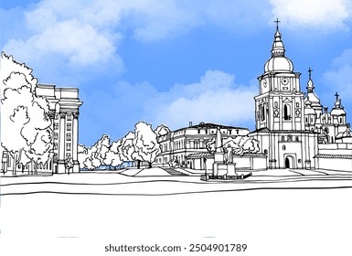 Nice view of Kiev, Ukraine. Kyiv. Urban landscape. Old city. Hand drawn sketch. Blue sky and clouds.