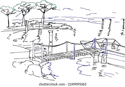 Nice view of Lake Garda and boat pier. Piazzale Monte Baldo is a square, resort town Sirmione in northern Italy. Drawing with colored lines. svg