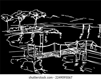 Nice view of Lake Garda and boat pier. Piazzale Monte Baldo is a square, resort town Sirmione in northern Italy. A simple black and white drawing like a night landscape.  svg
