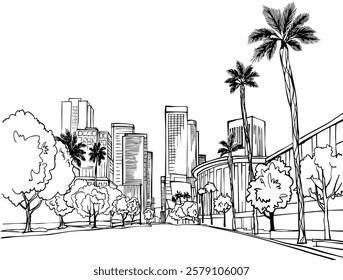 Nice view of modern Los Angeles. USA. Downtown. Hand drawn Urban sketch. Vector illustration. Urban landscape. Postcard style.