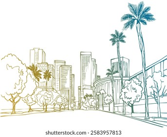 Nice view of modern Los Angeles. USA. Downtown. Hand drawn Urban sketch. Vector illustration. Urban landscape. Postcard style.