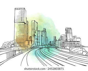 Nice view of modern Tel Aviv. Israel. Hand drawn sketch. Line art. Vector illustration on watercolor. Line art. Postcards.