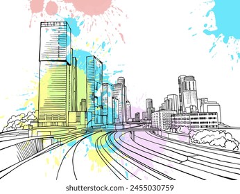 Nice view of modern Tel Aviv. Israel. Hand drawn sketch. Line art. Vector illustration on colorful blobs