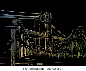 Nice view of New York, USA. Urban landscape. Brooklyn Bridge. Hand drawn sketch. Colorful illustration. Vector background. Postcard style	