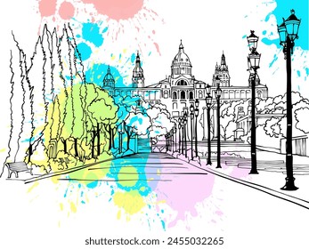 Nice view of old city. Barcelona, Spain. Hand drawn sketch style. Line Art. Urban landscape. Vector illustration. Colorful blobs background. Vintage postcards style