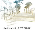 Nice view of the Old Jaffa, Tel Aviv, Israel. Hand drawn colourful sketch. Line art. Urban sketch. Vector illustration on white. Vintage Postcards style. Urban landscape without people.