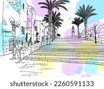 Nice view of the Old Jaffa, Tel Aviv, Israel. Hand drawn colourful sketch. Line art. Urban sketch. Vector illustration on blobs. Vintage Postcards style. Urban landscape without people.