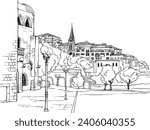 Nice view of the old Jaffa. Tel Aviv, Israel. Trendy urban landscape. Cityscape. Hand drawn sketch. Line art. Postcards. 