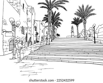 Bonita vista del Viejo Jaffa, Tel Aviv, Israel. Esbozo dibujado a mano. Arte de línea. Esbozo urbano. Ilustración vectorial en blanco. Estilo de postales vintage. Paisaje urbano sin gente.