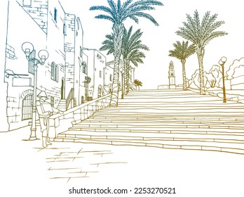 Bonita vista del Viejo Jaffa, Tel Aviv, Israel. Esbozo colorido dibujado a mano. Arte de línea. Esbozo urbano. Ilustración vectorial en blanco. Estilo de postales vintage. Paisaje urbano sin gente.