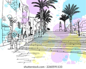 Nice view of the Old Jaffa, Tel Aviv, Israel. Hand drawn colourful sketch. Line art. Urban sketch. Vector illustration on blobs. Vintage Postcards style. Urban landscape without people.