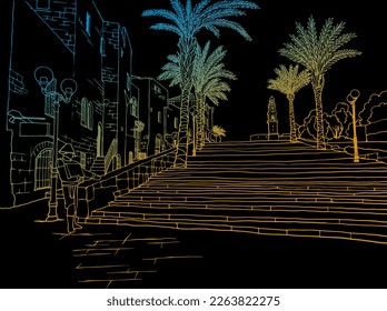 Nice view of the Old Jaffa, Tel Aviv, Israel. Hand drawn colourful sketch. Line art. Urban sketch. Vector illustration on black. Vintage Postcards style. Urban landscape without people.