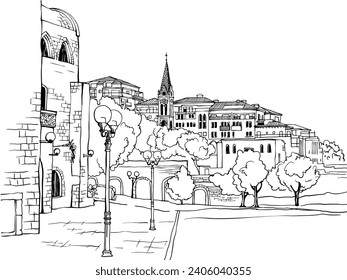 Nice view of the old Jaffa. Tel Aviv, Israel. Trendy urban landscape. Cityscape. Hand drawn sketch. Line art. Postcards. 