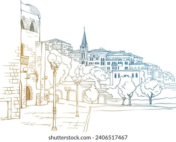 Nice view of the old Jaffa. Tel Aviv, Israel. Trendy urban landscape. Cityscape. Hand drawn sketch. Line art. Postcards