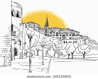 Nice view of the old Jaffa. Tel Aviv, Israel. Trendy urban landscape. Cityscape. Hand drawn sketch. Line art. Postcards. 