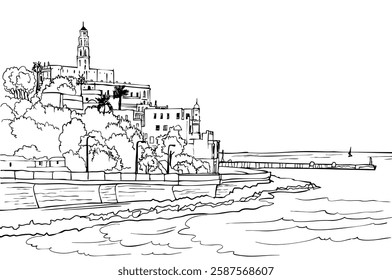 Nice view of the Old Jaffa, Tel Aviv, Israel. Ancient Harbor. Urban landscape. Hand drawn sketch. Line art. Vector illustration on white background.