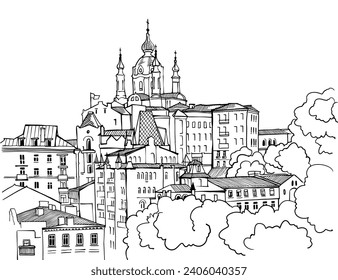 Nice view of the old Kiev. Ukraine. Trendy urban landscape. Cityscape. Hand drawn sketch. Line art. Postcards. 