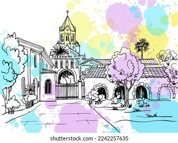 Schöne Aussicht auf das alte Kloster. Frankreich. Handgezeichnete Skizze. Line Art. Ink Zeichnung. Digitale Illustration auf Blobs. Vektorhintergrund