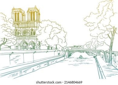 Nice view of old Paris, Notre Dame de Paris and river Seine. Paris, France. Hand drawn sketch. Line art. Ink drawing. Colorful vector background on white. For illustration and romantic Postcards.