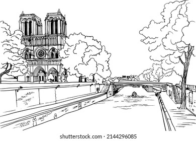 Nice view old Paris   river Seine  Paris  France  Hand drawn sketch  Line art  Ink drawing  Black   white vector background white  For illustration   romantic Postcards 