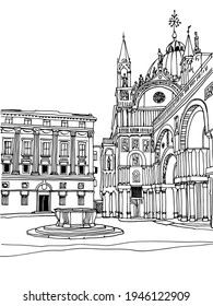 Nice view of old romantic Venice, Italy. Urban background in hand drawn sketch style. Ink line drawing. Black and white Vector illustration on white background