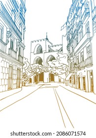 Nice view of old street. Valencia, Catalonia, Spain. Urban landscape. Urban sketch. Hand drawn ink style. Line art. Colourful Vector background on white.