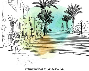 Nice view of old Tel Aviv, Jaffa, Israel. hand drawn urban sketch. Vector illustration on the background watercolor. Line art. Postcards. 