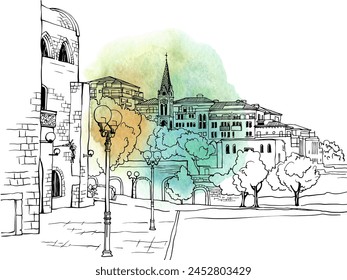 Nice view of old Tel Aviv, Jaffa, Israel. hand drawn urban sketch. Vector illustration on the background watercolor. Line art. Postcards. 