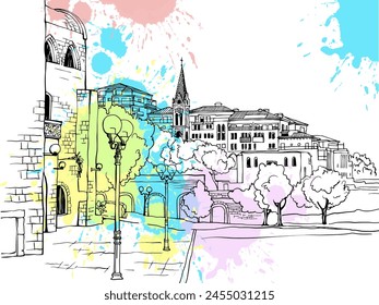 Nice view of old Tel Aviv, Jaffa, Israel. hand drawn urban sketch. Vector illustration on the colorful blobs background . Line art. Postcards. 